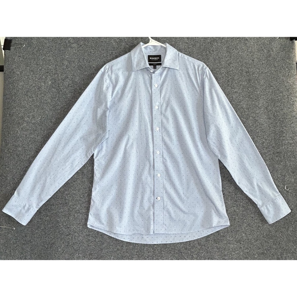 BOBONOS Men's LARGE Stretch Tailored Fit Long Sleeve Button-Up White Blue